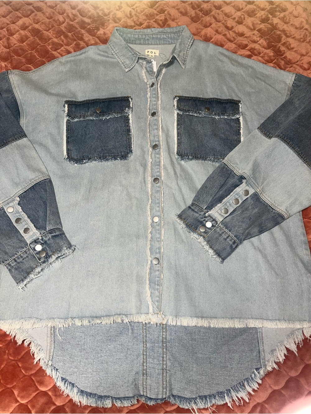 POL oversized Light Blue Patchwork Denim Jacket with Dark Blue Pockets - Picture 2 of 5